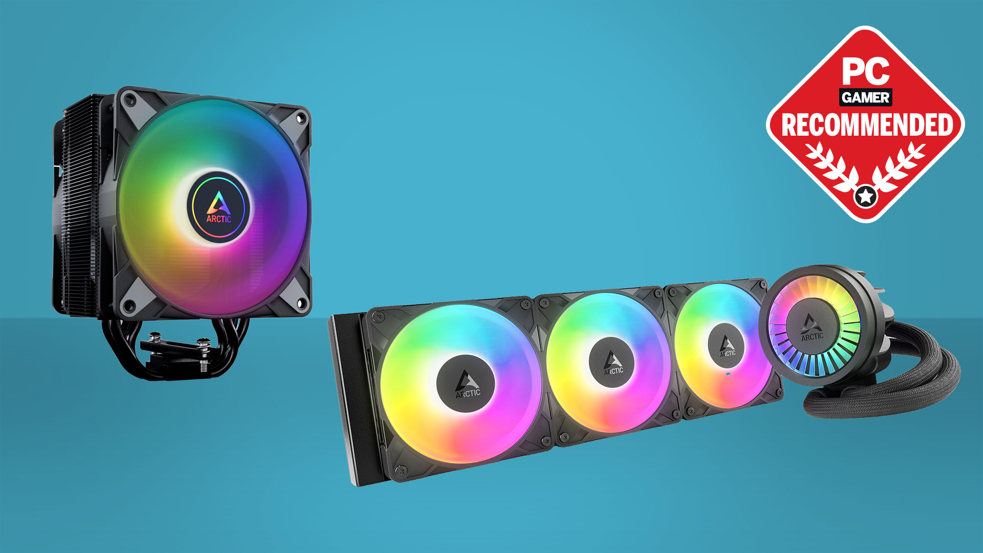 Two Arctic CPU coolers on a blue background with a PC Gamer Recommended badge.