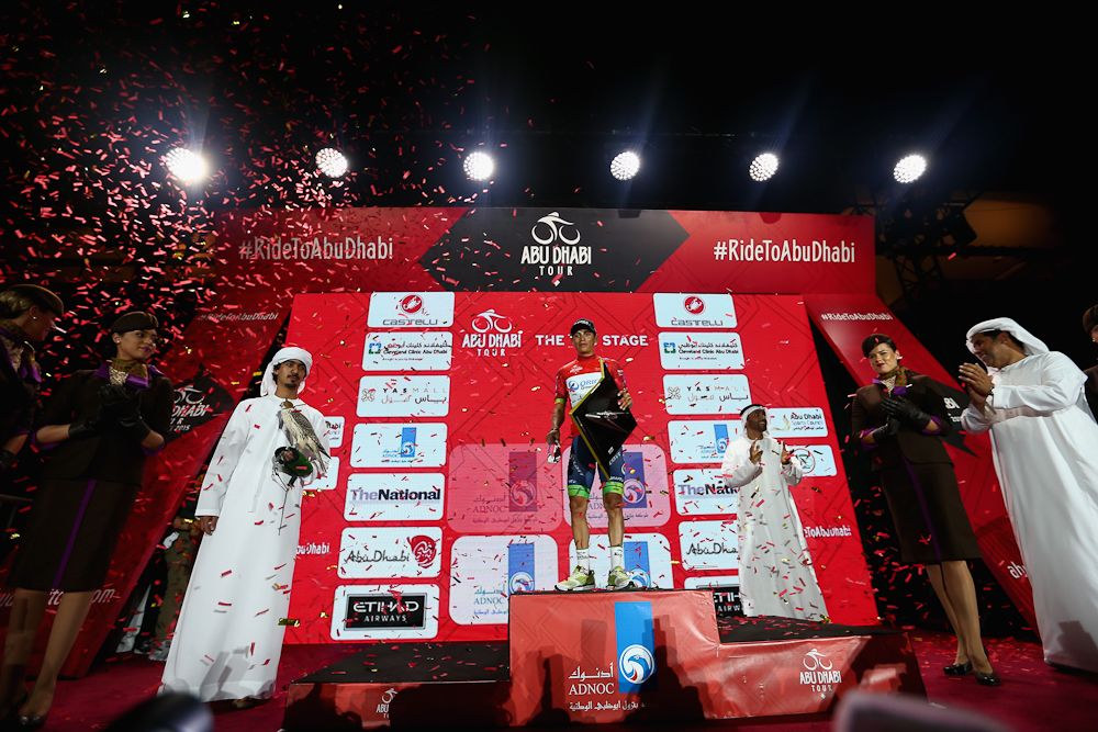 Esteban Chaves on the final podium at the inaugural Abu Dhabi Tour