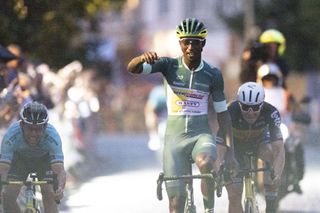 Biniam Girmay, shown here winning a post-Tour de France criterium in Herentals, will be an Eritrean flag bearer for the Paris Olympic Games