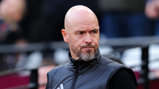 Erik ten Hag looking into distance during the Premier League match between West Ham United and Manchester United 