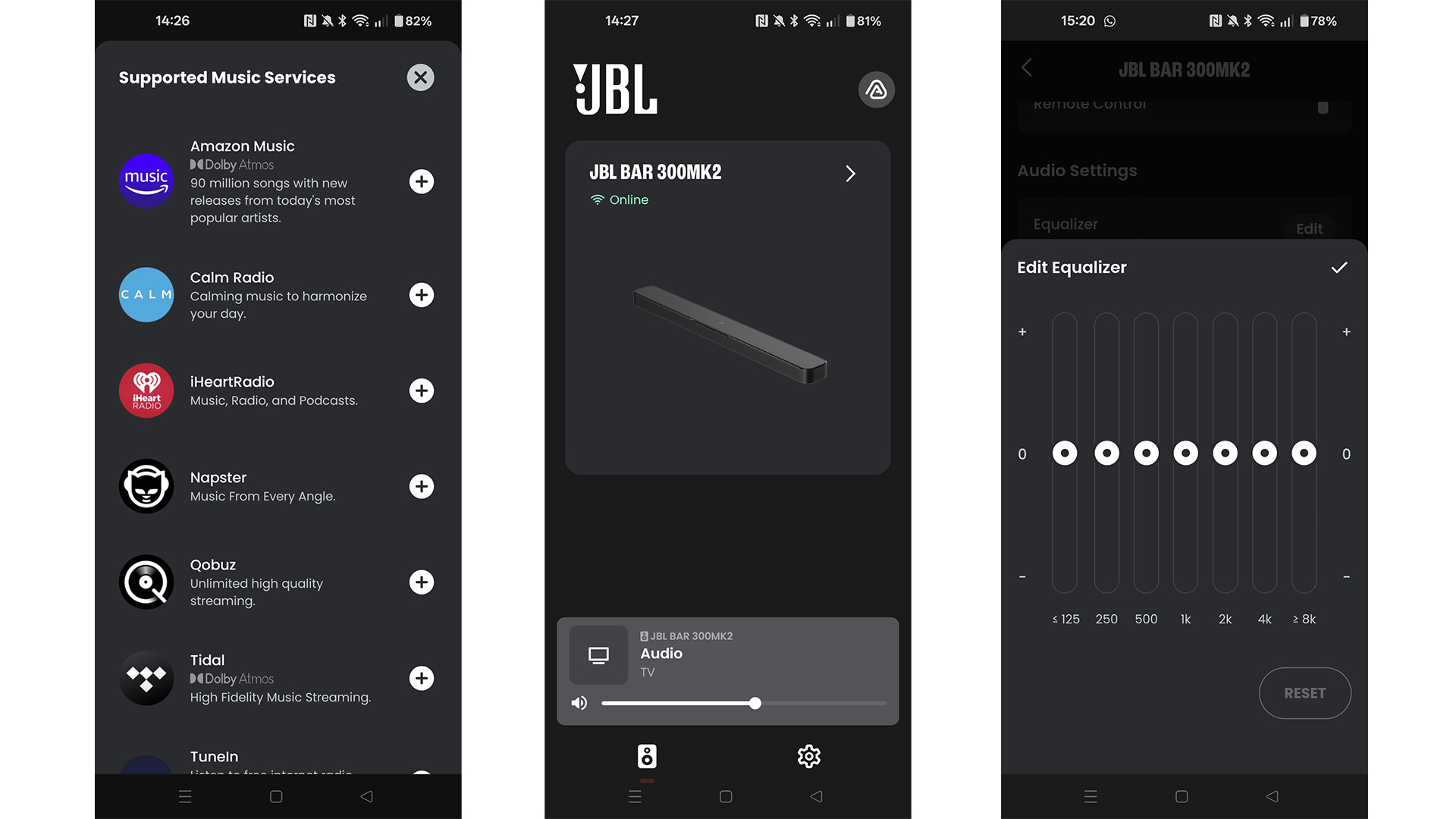 JBL Bar 300MK2 Dolby Atmos soundbar app on three smartphone screens
