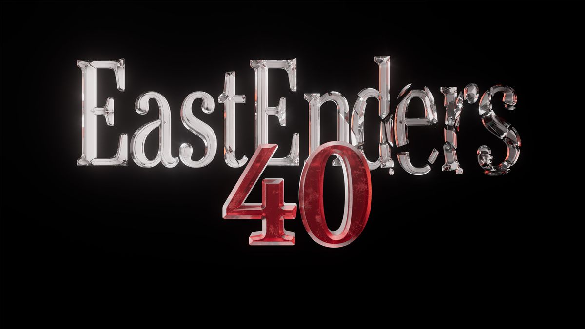 EastEnders logo in silver with a red 40 below, all on a black background 