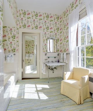 Wallpapered bathroom in Abby Rockefeller’ home