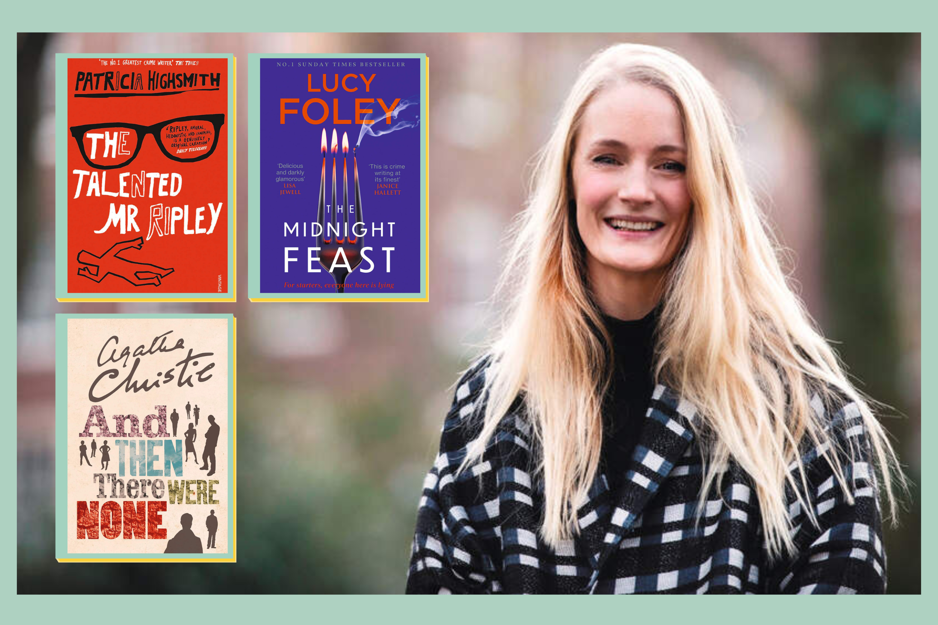 Author Lucy Foley alongside three book front covers