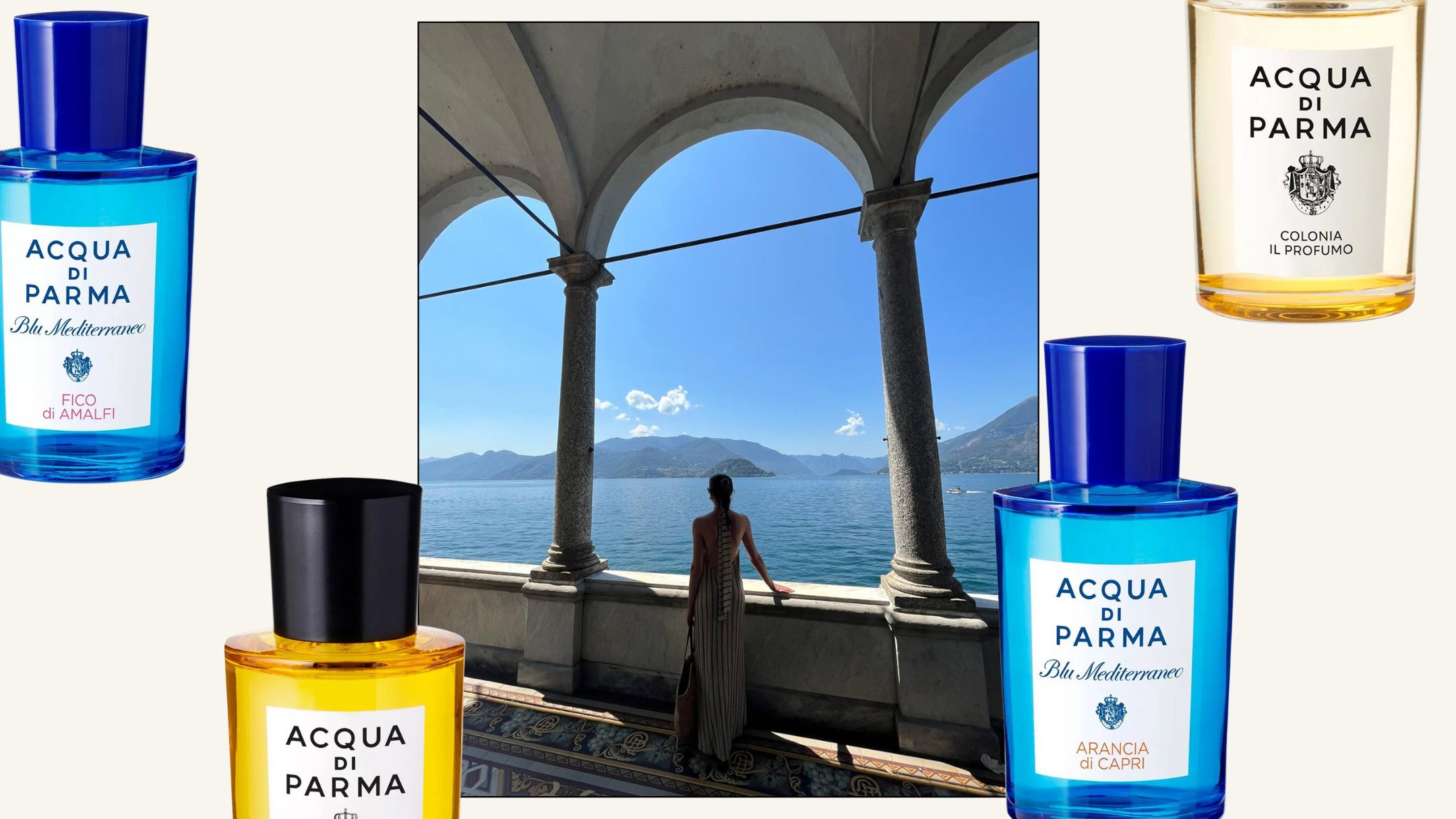 Collage with picture of woman in Lake Como and pictures of Acqua di Parma perfume bottles surrounding it