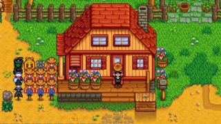 Stardew Valley - a farmer holds a modded "everything bagel" over their head.