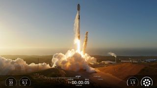 A SpaceX Falcon 9 rocket launches 28 Starlink satellites from Vandenberg Space Force Base in California on Oct. 27, 2025.