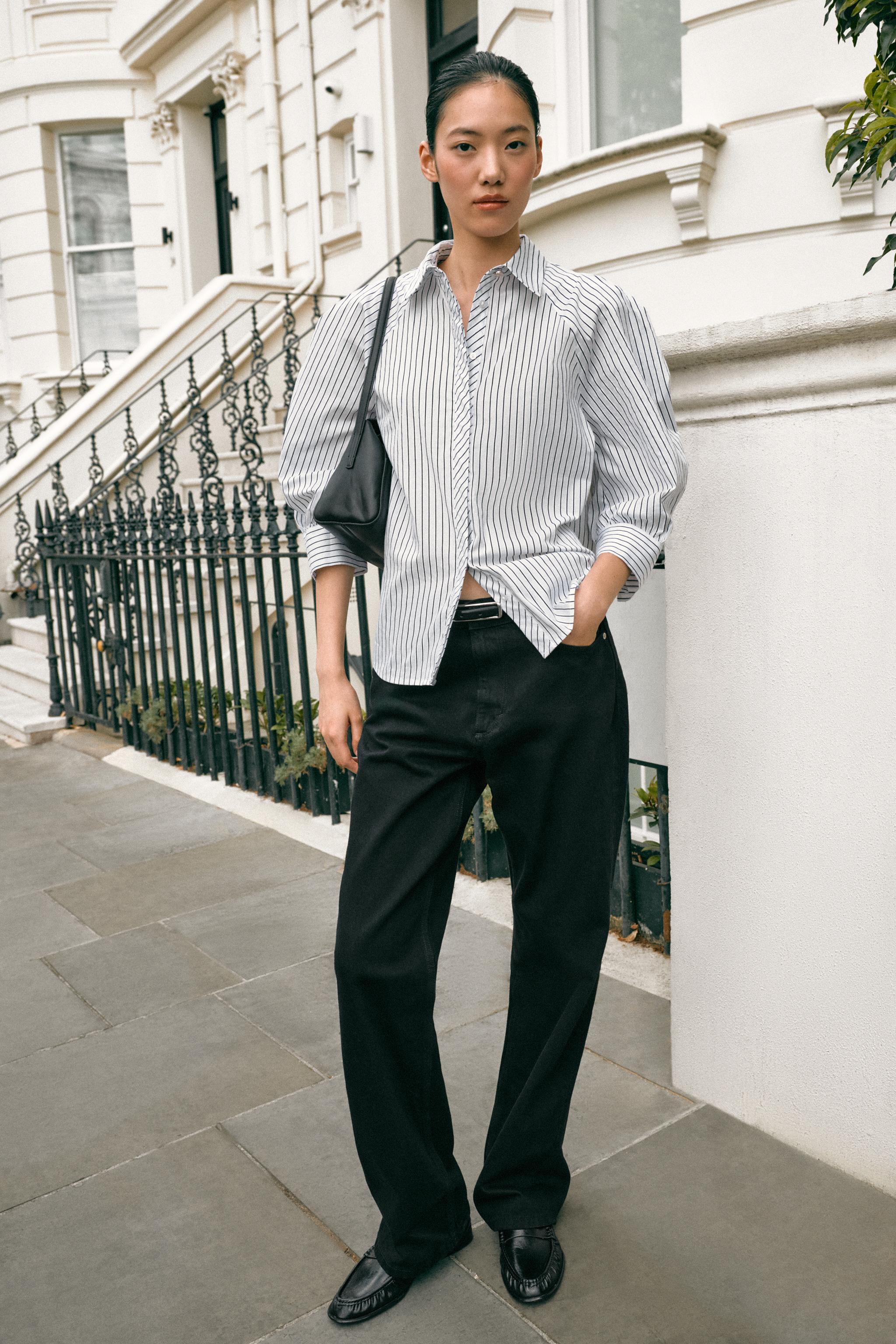 Striped Puff Sleeve Shirt - Black / White - Xs