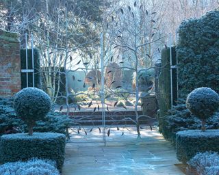 Decorative metalwork gates in a winter garden with sculpted evergreens