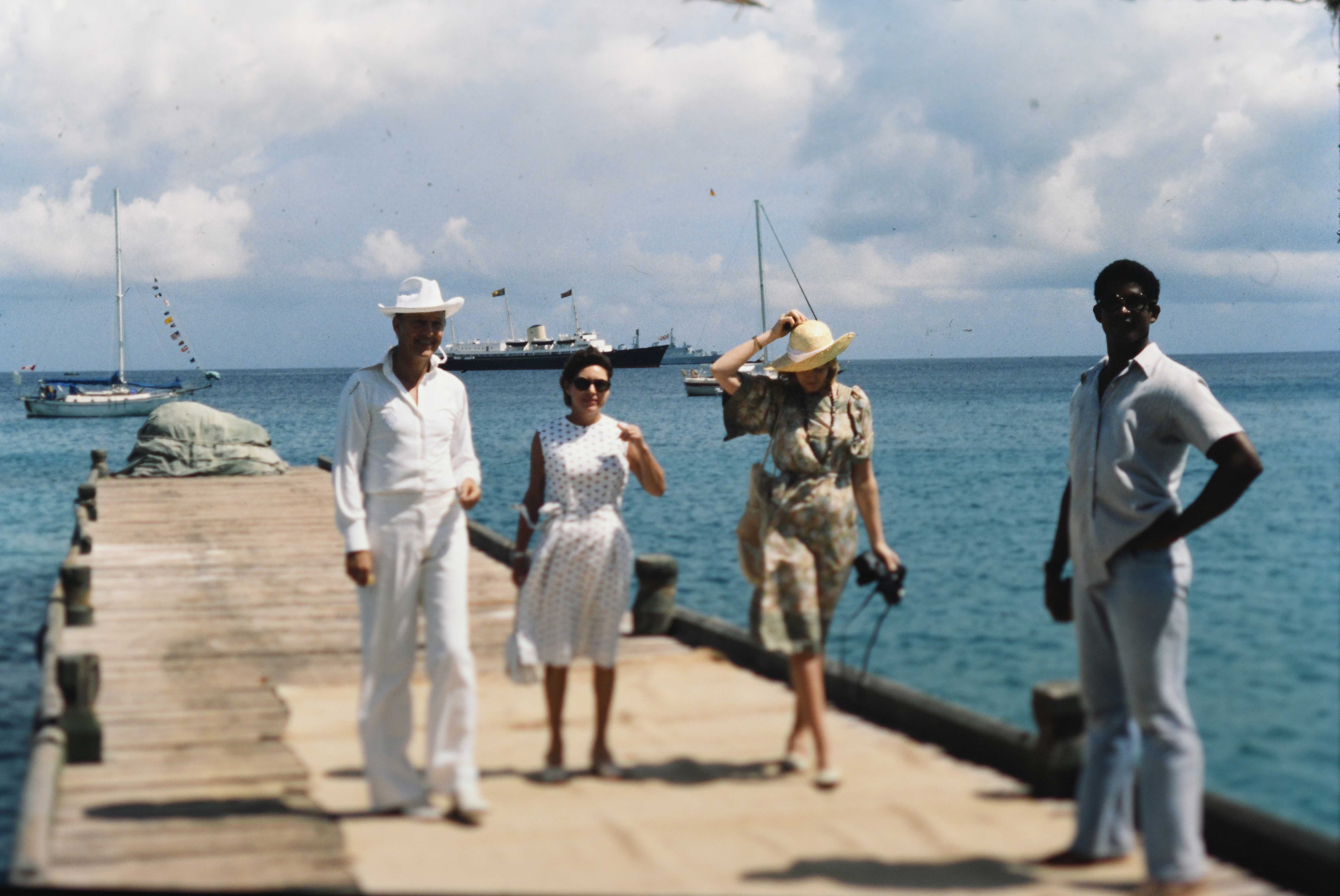 Princess Margaret, Colin Tennant, Lord Glenconner and Anne Tennant, Lady Glenconner wait on the jetty in Mustique. (Photo Anwar Hussein/Getty Images).