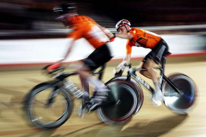 Melvin Van Zijl and Nick Stopler of the Netherlands compete during the Madison on day two of the 2018 London Six Day