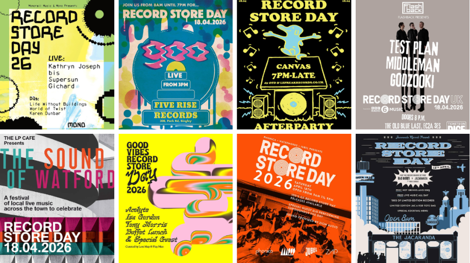 An image depicting 8 Record Store Day 2026 events, in bright colors