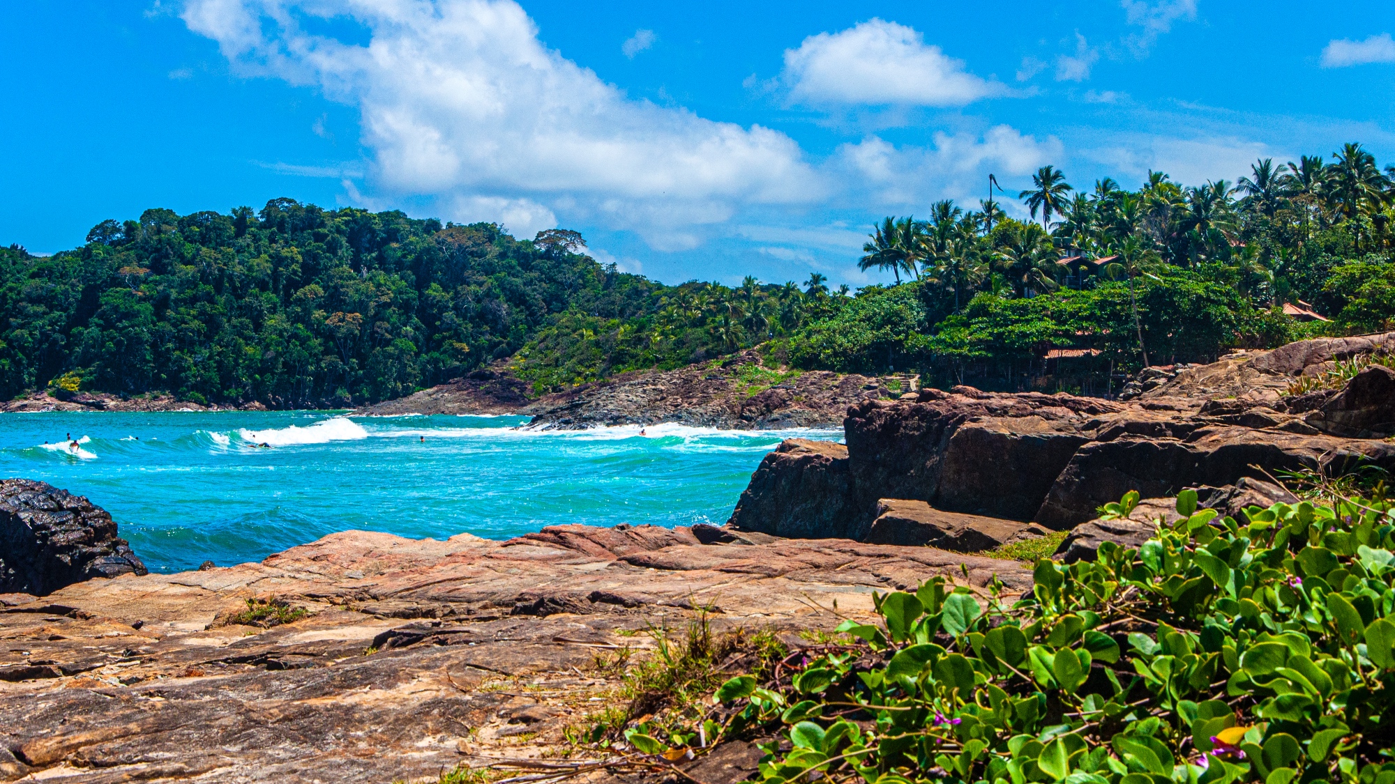 Waves break at Concha Beach, Ithacare, Bahia, Brazil, with rocky outcrops in the foreground and tropical forest behind the beach