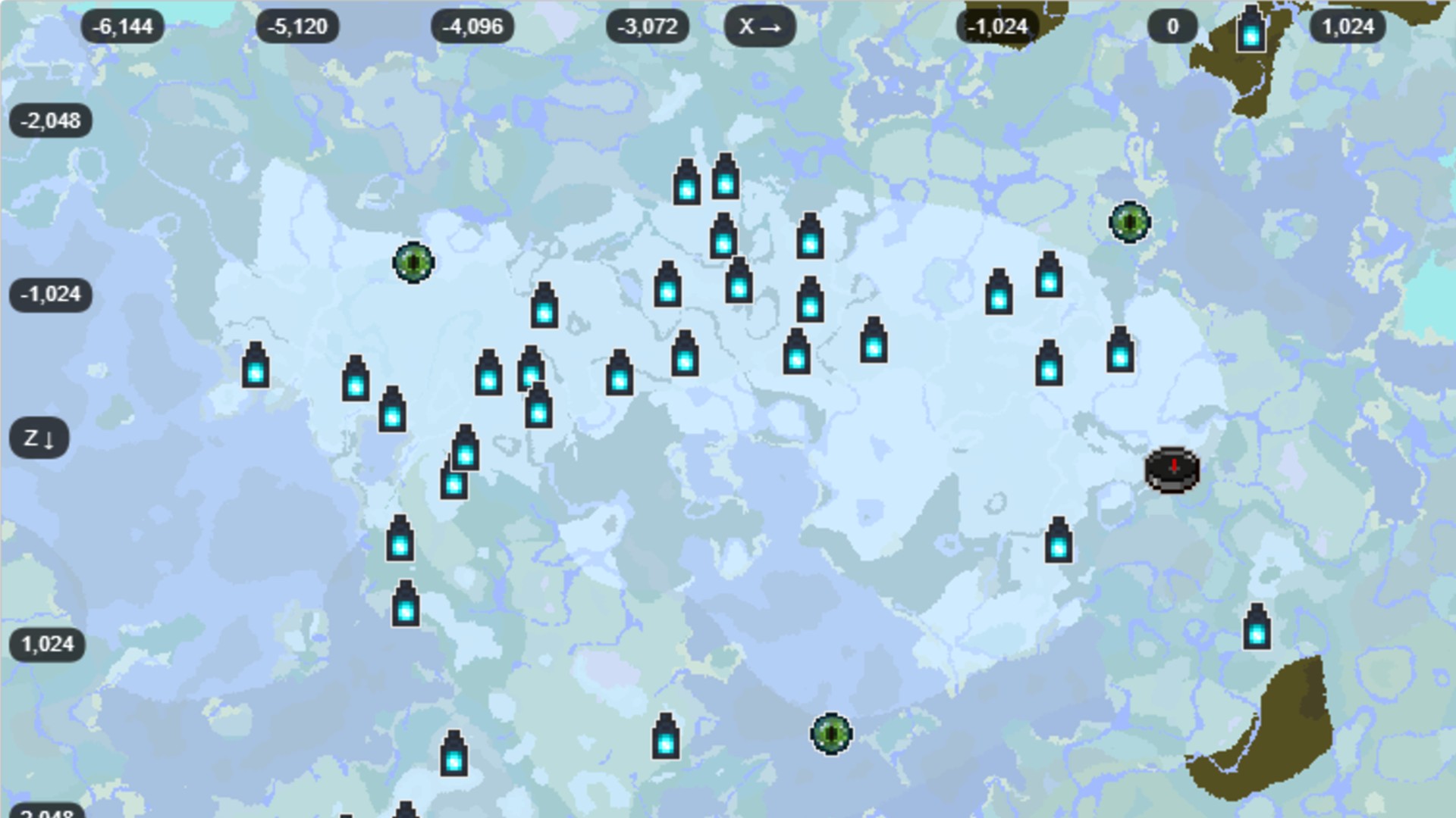 A top down view of a Minecraft seed showing 30 Ancient Cities near spawn.