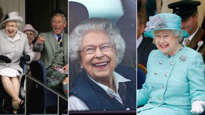 a composite image of Queen Elizabeth having fun, with the first image showing Queen Elizabeth laughing with Charles, the second showing the Queen smiling in her car, and the third showing the Queen laughing with Kate Middleton