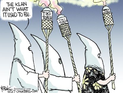 Political cartoon U.S. KKK tiki torch Charlottesville protest