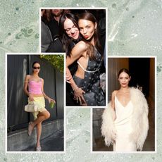 a watery mint background with three photos of a young white woman with brown hair and glowing skin in stylish outfits