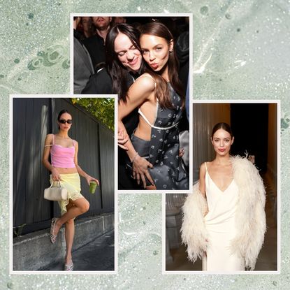 a watery mint background with three photos of a young white woman with brown hair and glowing skin in stylish outfits