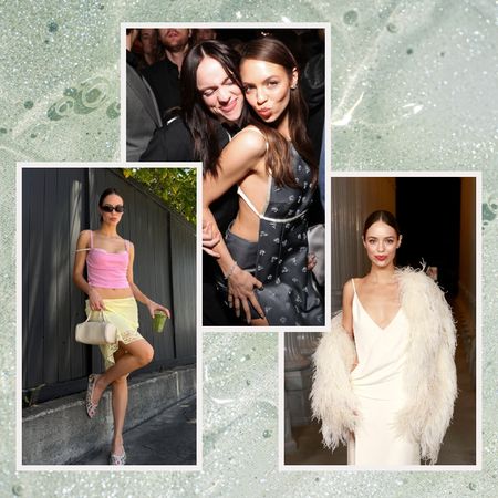 a watery mint background with three photos of a young white woman with brown hair and glowing skin in stylish outfits