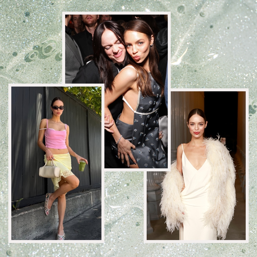 a watery mint background with three photos of a young white woman with brown hair and glowing skin in stylish outfits