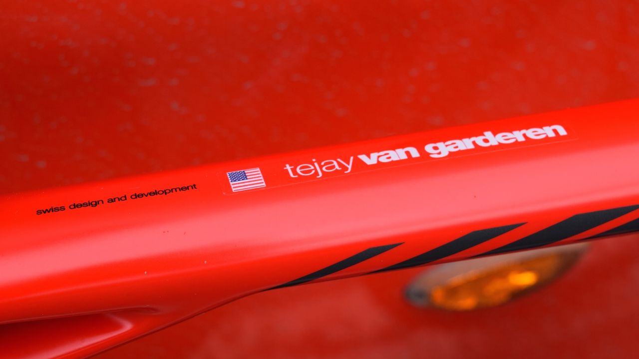 The BMC Racing team's rider names and nation feature on each of the bike's top tubes