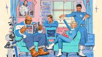 an illustration with photographed faces with four characters in blue jumpsuits and a rock man in blue underwear enjoying time in a living room. A small robot hands the rock man a mug.