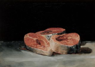 Painting of some raw salmon steaks