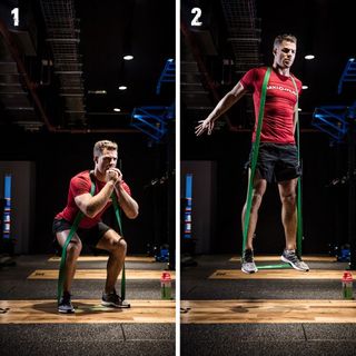 Bradley Simmonds performs the resistance band jump squat
