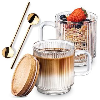 Combler Glass Coffee Mugs, Espresso Cups for Coffee Bar Accessories, Clear Coffee Mug Set of 2, 11oz Glass Coffee Cups with Lids and Spoon, Cute Ribbed Glassware Set for Latte, Cappuccino, Tea, Gift
