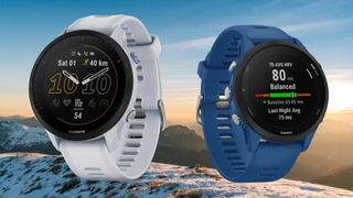 Garmin Forerunner 955 and 255 superimposed over mountain view