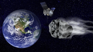 An illustration shows OSRIS-APEX as it watches the asteroid Apophis skim Earth in 2029