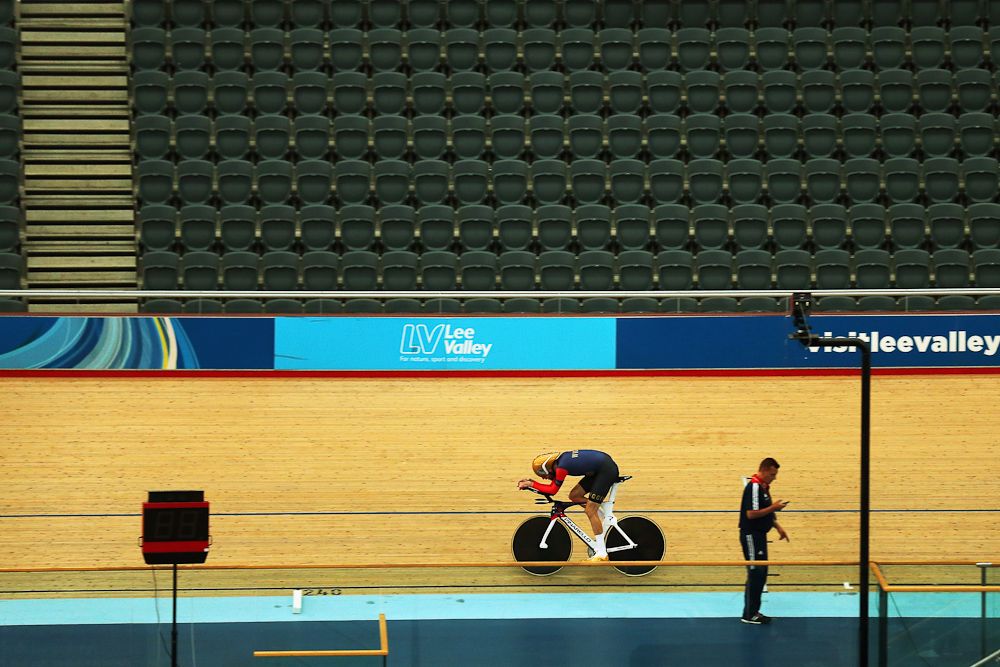 Bradley Wiggins of Great Britain trains at the Lee Valley Velopark ahead of his UCI Hour Record attempt.