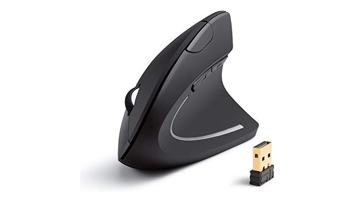 Anker Vertical Ergonomic Optical Mouse and its receiver on a white surface against a white background