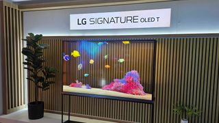 A showroom demonstration of the LG Signature OLED T television and its transparent display.