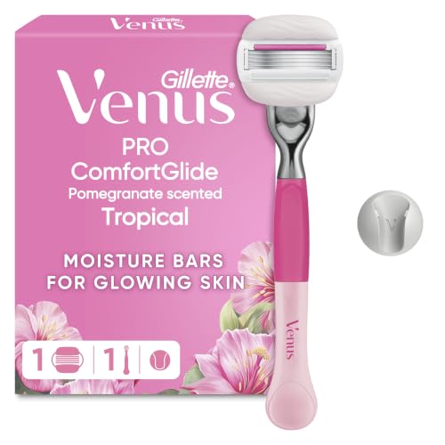 Gillette Venus Pro Comfortglide Pomegranate Scented Tropical Women&amp;rsquo;s Razor With Olay Moisturiser, 1 Refill Razor Cartridges, Reusable Metal Handle and Shower Holder
