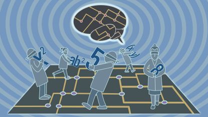 A cartoon showing a series of figures carrying different dark blue numbers walking across a green and yellow circuit board. In the background, a human brain floats in the center of blue concentric circles with a circuit board pattern in the shape of the brain