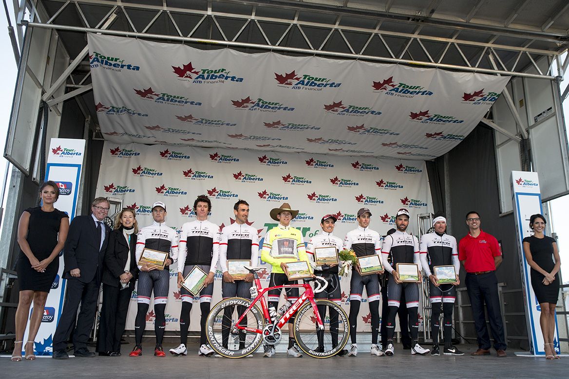 The victorious Trek team on the podium with Bauke Mollema in the race leader's jersey