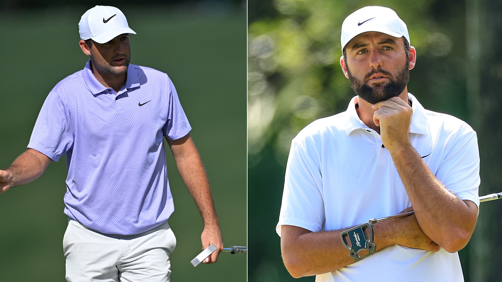 Scottie Scheffler looks at putts holding a putter