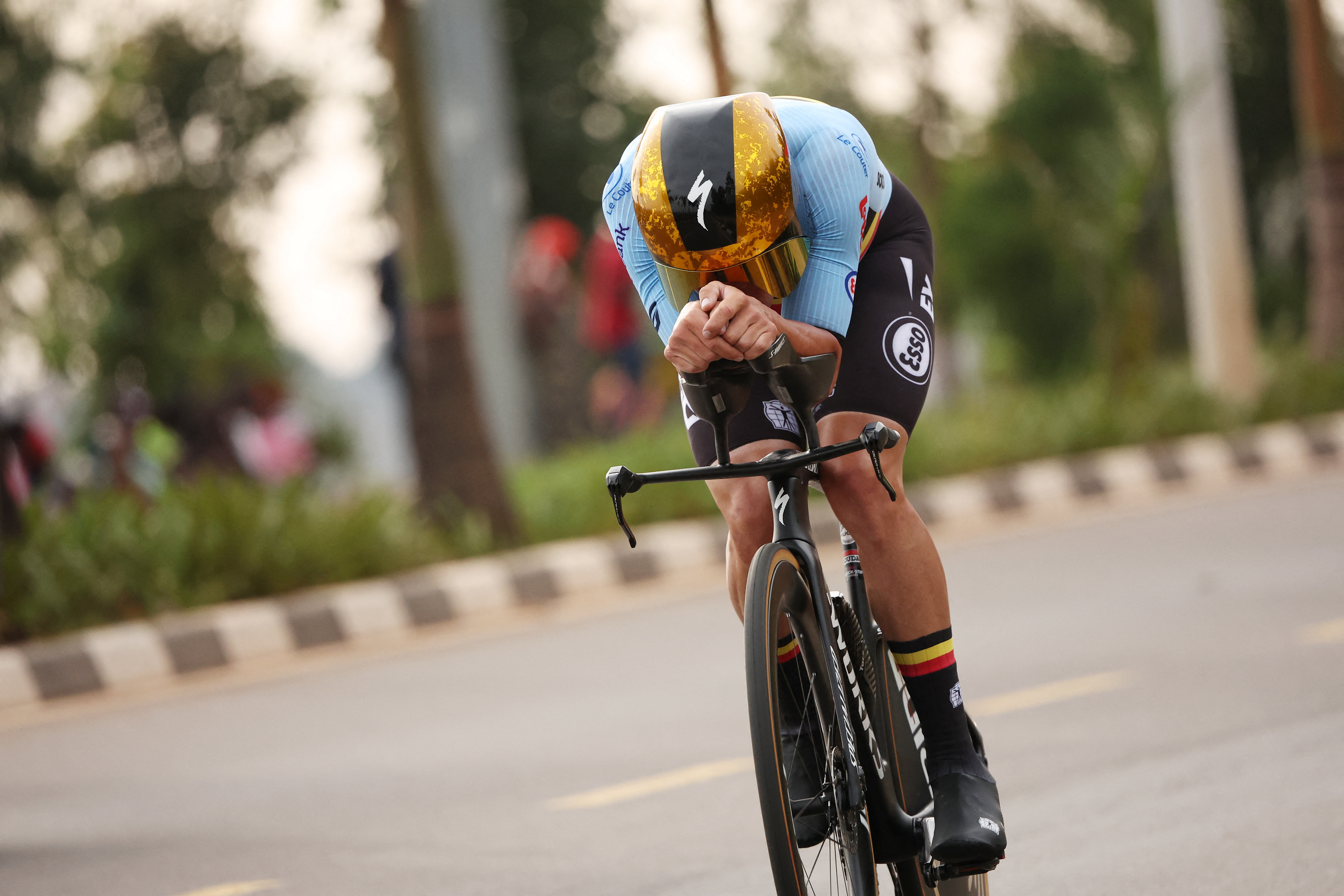 Belgian rider Remco Evenepoel competes in the men&#039;s Elite Individual Time Trial cycling event during the UCI 2025 Road World Championships, in Kigali, on September 21, 2025. (Photo by Anne-Christine POUJOULAT / AFP)