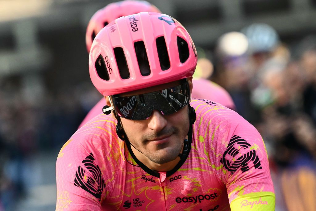 EF Education-Easypost's Italian rider Alberto Bettiol looks on prior to the start of the 115th Milan-SanRemo one-day classic cycling race, in Pavia, on March 16, 2024. (Photo by Marco BERTORELLO / AFP)