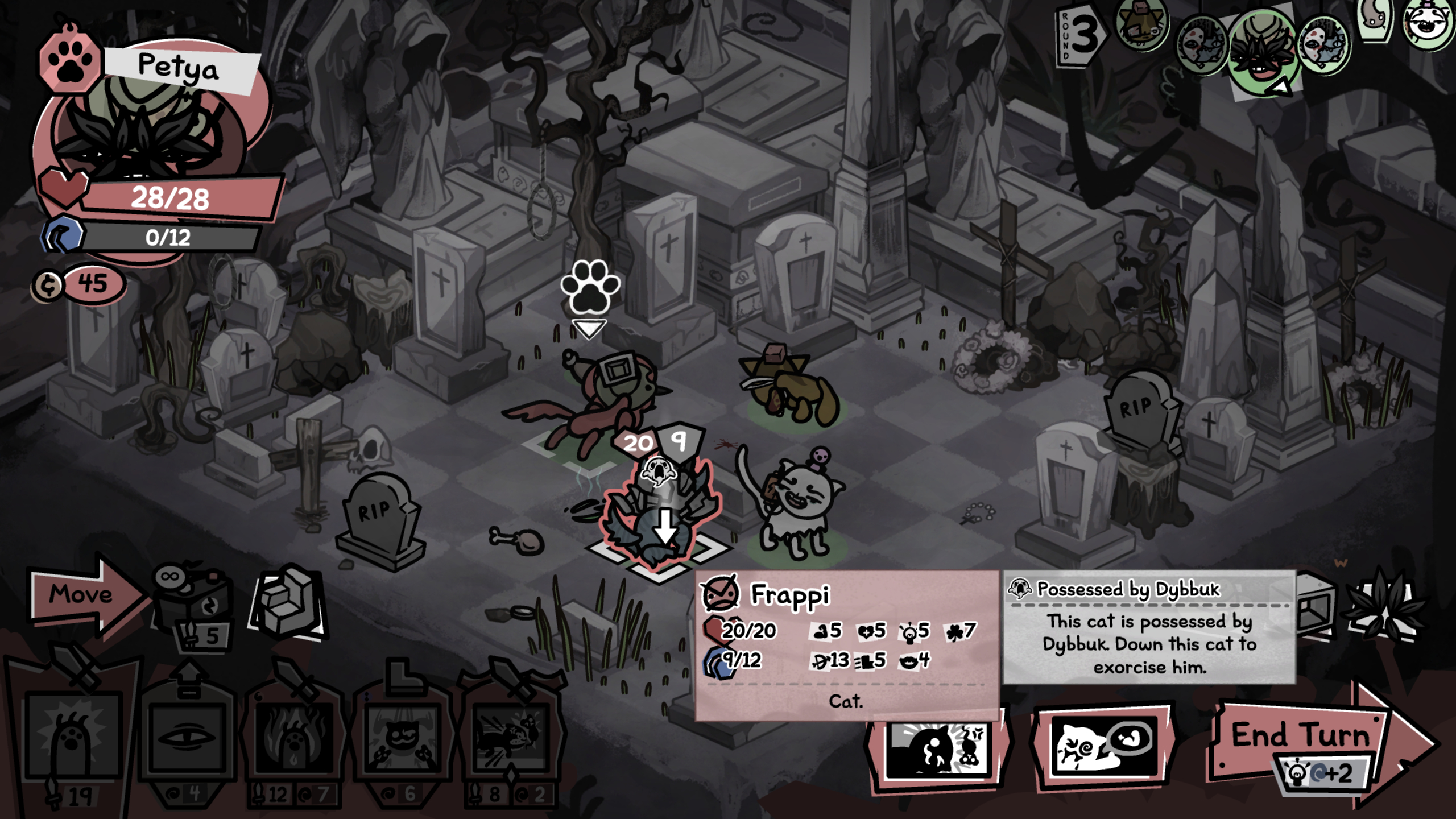 Mewgenics Dybbuk: A player fighting Dybbuk in a graveyard, who's possessed another cat.