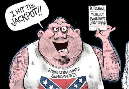 Political cartoon U.S. Trump white supremacy lottery jackpot