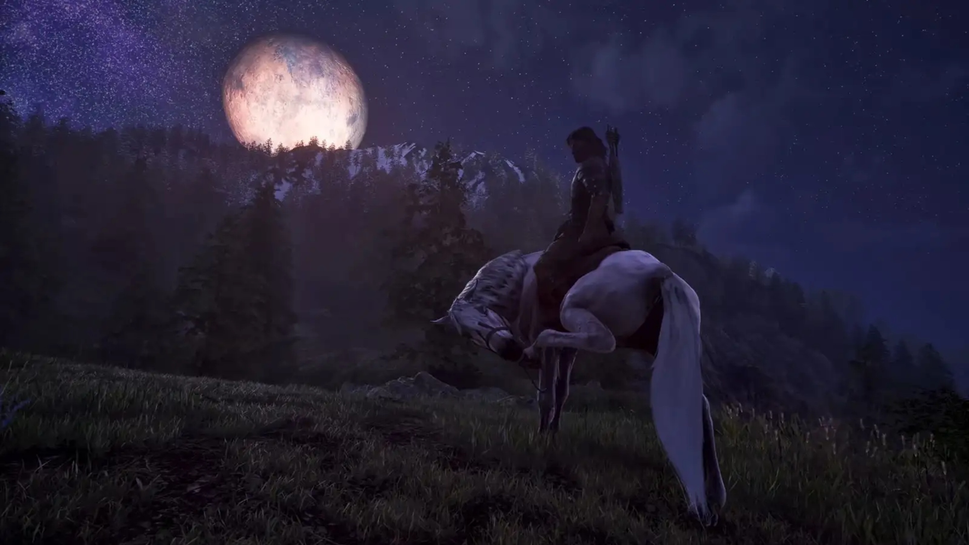 A horse licking its hoof while its rider sits still under a full moon and starry night sky in The Elder Scrolls 4: Oblivion Remastered