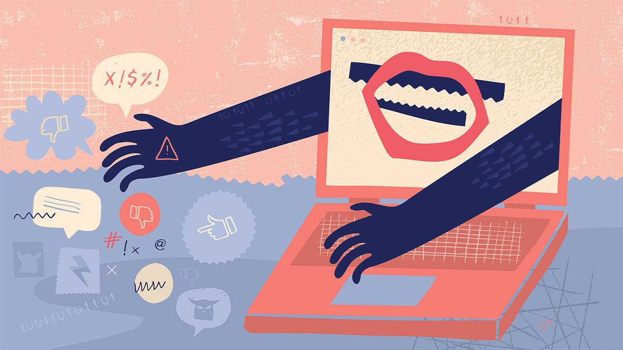 Multi-coloured cartoon depicting various cyberbullying graphics