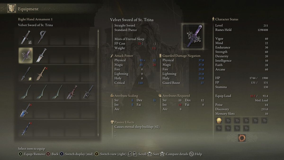 Elden Ring: Shadow of the Erdtree legendary weapons - Velvet Sword stats