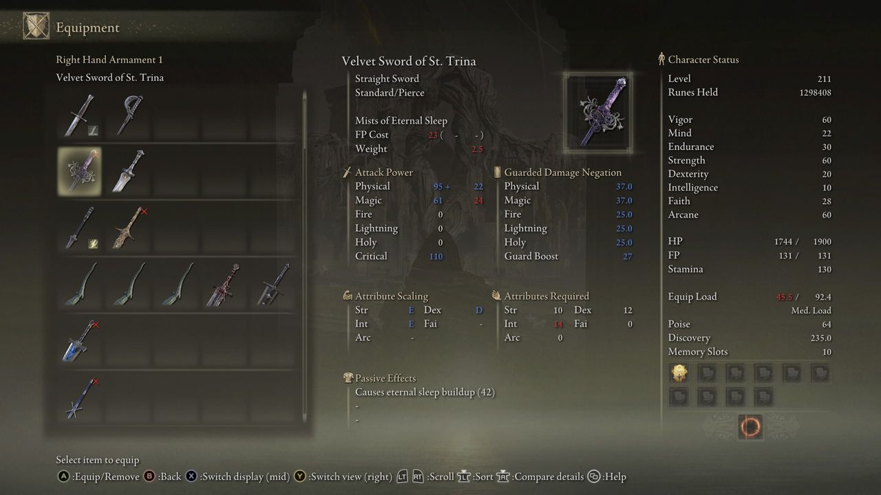 Elden Ring: Shadow of the Erdtree legendary weapons - Velvet Sword stats