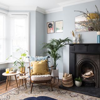 blue living room with black fireplace
