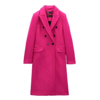 pink tailored wool coat with black buttons and two front pockets