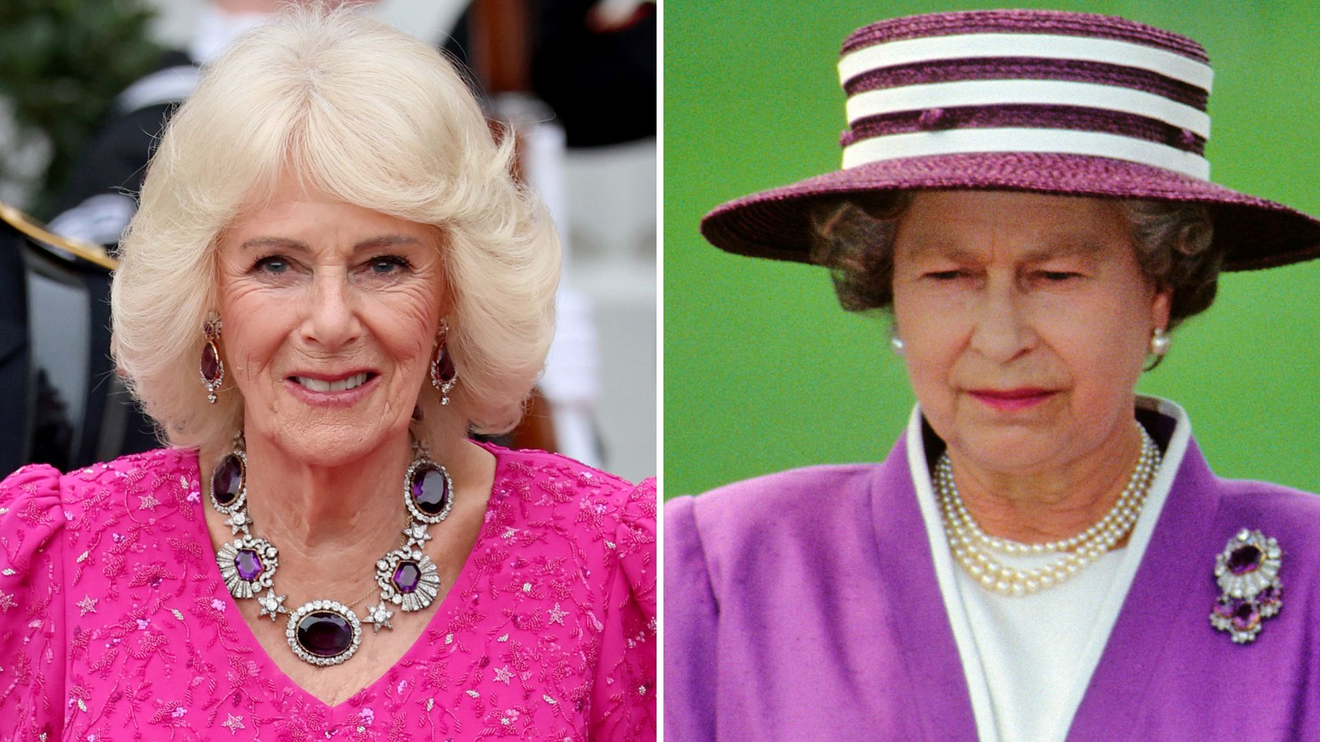 A composite of a picture of Queen Camilla wearing the amethyst necklace from the demi parure and a picture of Queen Elizabeth wearing a brooch from the set