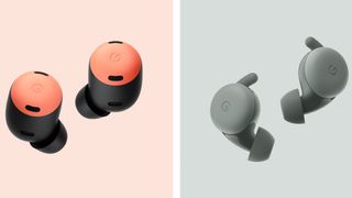 Pixel Buds Pro on pink background, Buds A on grey background